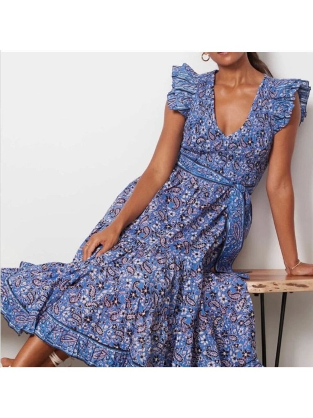 Cleobella Autumn Ruffle Blue Paisley Midi Dress Small Organic Cotton Pockets - Picture 2 of 11